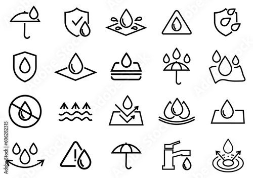 Waterproof icons set vector. water proof symbol illustration of water resistant signs water protection in white background. editable file. Eps