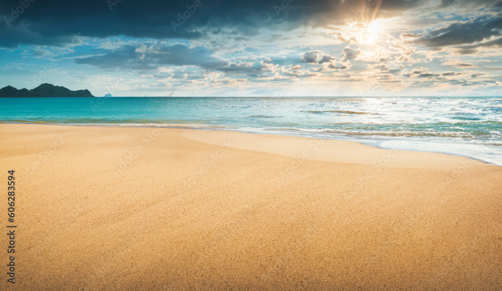 Closeup sea sand beach Cloudy sky sunlight. Panoramic beach landscape, horizon tropical beach seascape summer holiday travel.