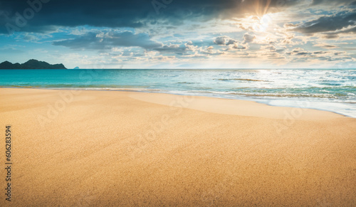 Fototapeta Naklejka Na Ścianę i Meble -  Closeup sea sand beach Cloudy sky sunlight. Panoramic beach landscape, horizon tropical beach seascape summer holiday travel.