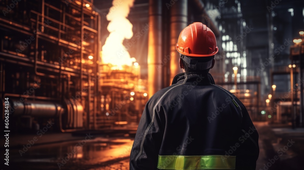 Worker stands and observes an oil refinery in a protective jacket and helmet. Security concept. Generative AI Worker stands and observes an oil refinery in a protective jacket and helmet. Security concept. Generative AI