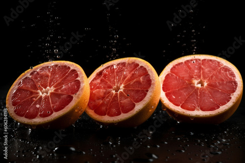 five pink grapefruit slices with Splash of water drops over black background