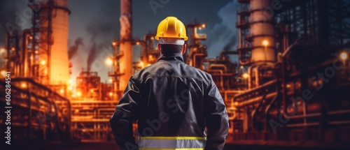 Worker stands and observes an oil refinery in a protective jacket and helmet. Security concept. Generative AI
