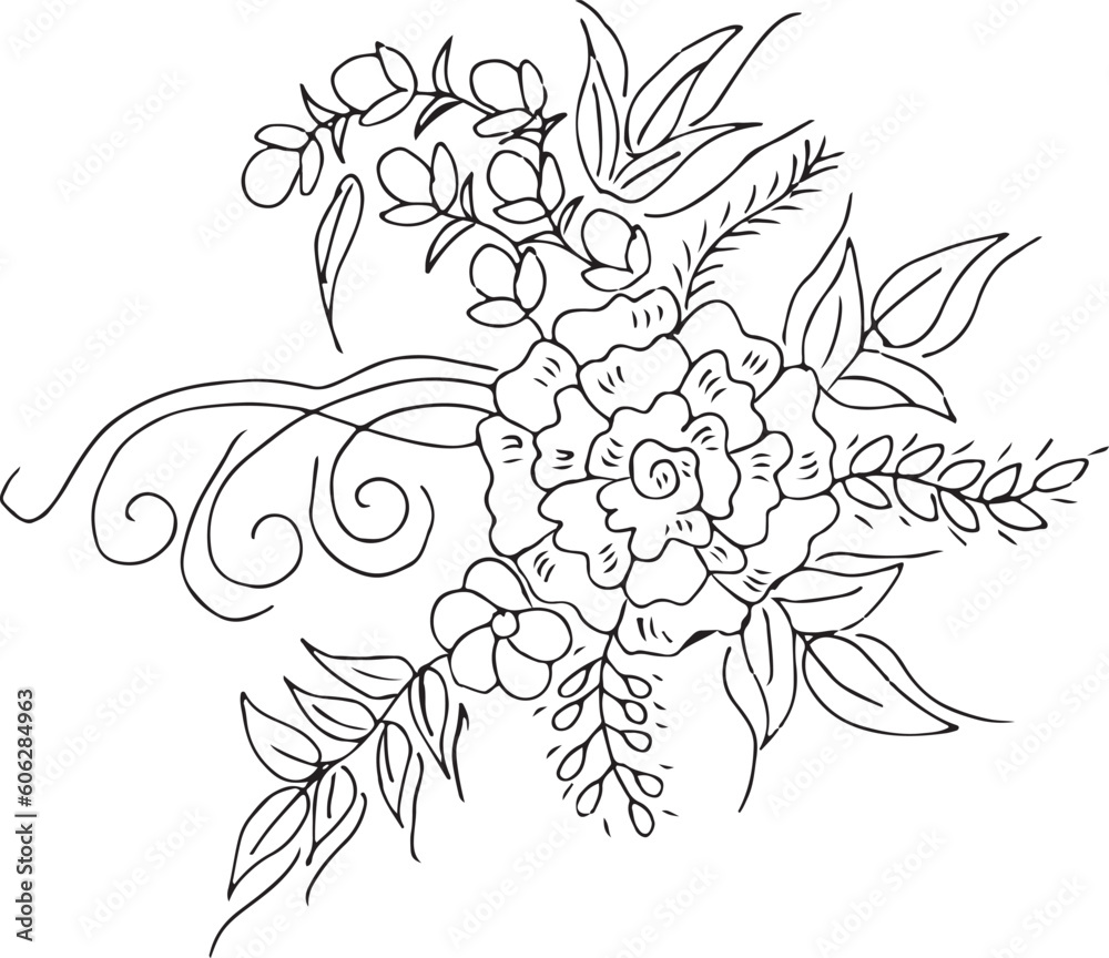 Fototapeta premium Black and white Hand Drawn Flowers with Leaves 