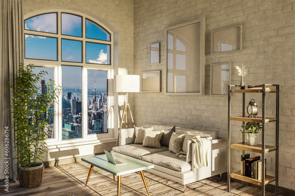 luxurious loft apartment with arched window and panoramic view over urban downtown; noble interior living room design mock up; 3D Illustration luxurious loft apartment with arched window and panoramic view over urban downtown; noble interior living room design mock up; 3D Illustration