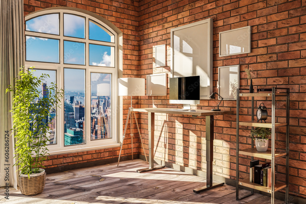 modern standing desk pc workplace in daylight downtown skyline office; home decoration desing and home office concept; 3D Illustration