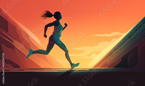 Young women run on the street in the park at sunset. Concept of a healthy lifestyle. Jogger girl, running on the city background. Generative Ai.