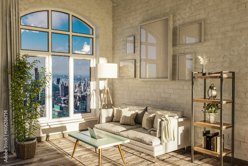 luxurious loft apartment with arched window and panoramic view over urban downtown; noble interior living room design mock up; 3D Illustration photo