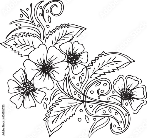 Black and white Hand Drawn Flowers with Leaves 