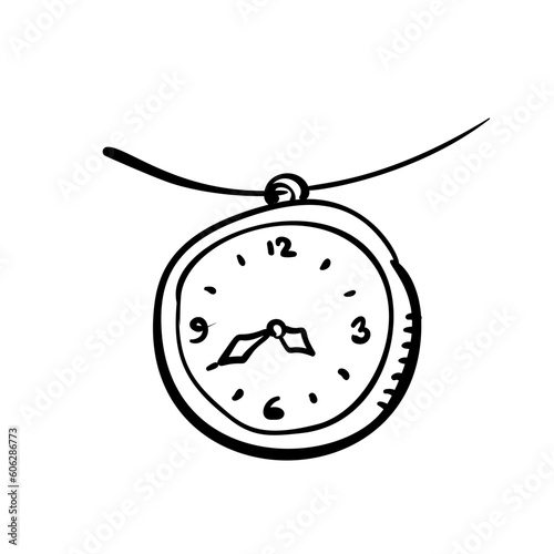 Clock with a round dial with hands showing the time 4 hours 40 minutes, Hand drawn illustration, Vector doodle