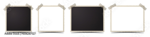 Set of deckle edge photo frames with tape on transparent background. PNG design element. photo