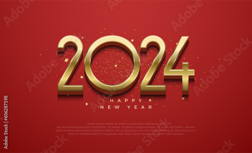 Happy new year 2024 gold 3d embossed. With shiny numbers with dark black shadows. Premium vector design for banners, posters, newsletters and other purposes.