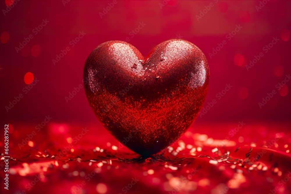 Red heart with glitter. Valentine's Day picture with beautiful bokeh effect. Postcard, greeting card design. I Love You. Generative AI.