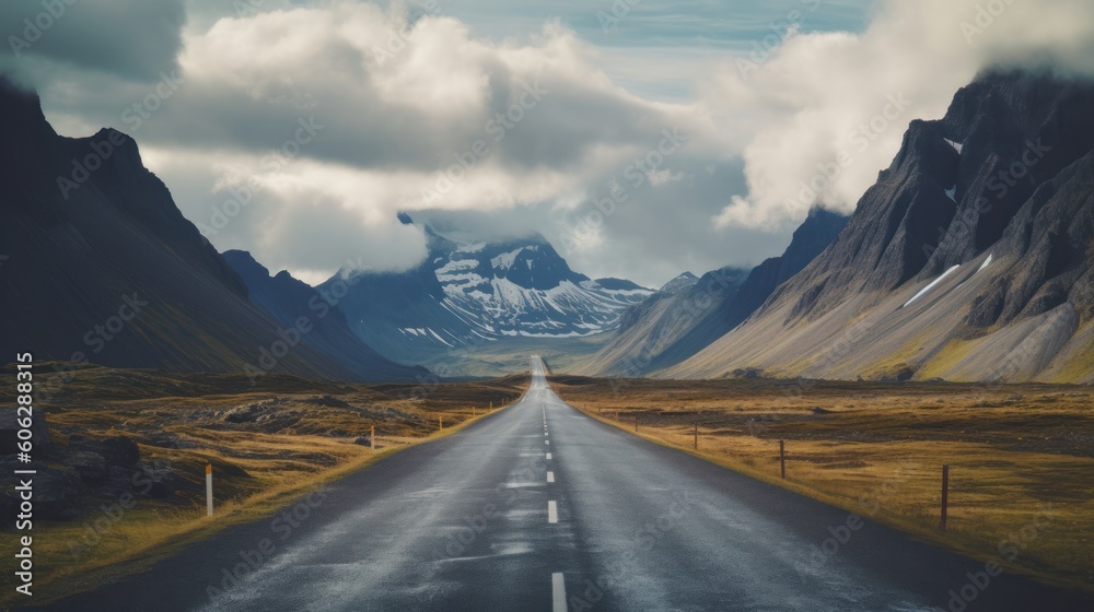 Landscapes of Iceland. The road leading to the mountains. Generative AI Landscapes of Iceland. The road leading to the mountains. Generative AI