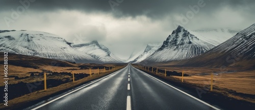 Landscapes of Iceland. The road leading to the mountains. Generative AI