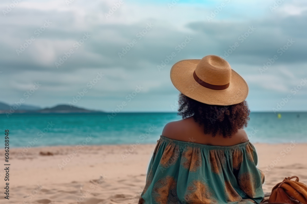 back view of a beautiful Afro-Colombian woman wearing a hat on the beach and looking at the ocean. Generative AI