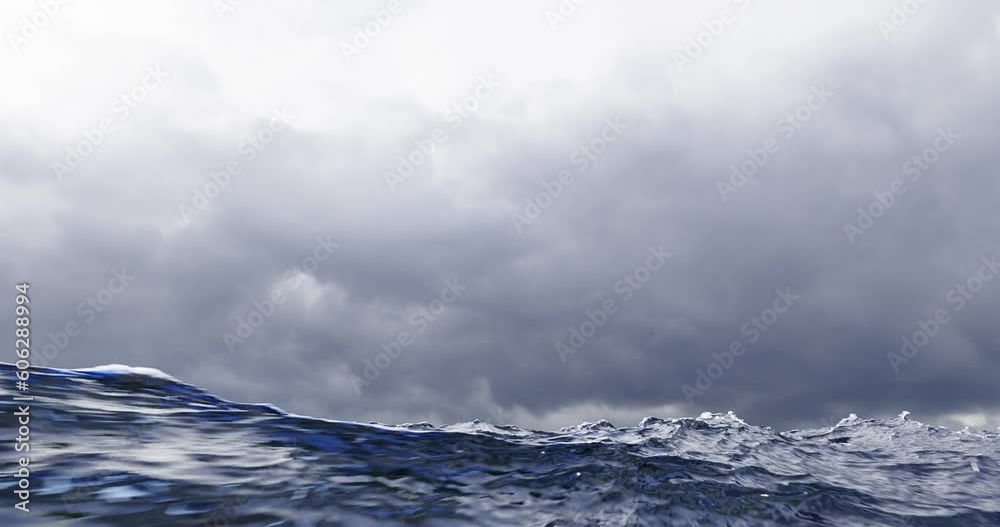 Sea waves rough dramatic on the ocean before a storm 3D render animation camera goes underwater