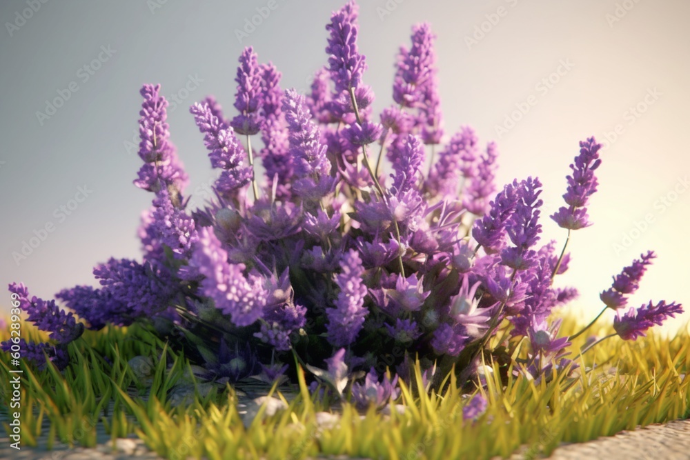 Obraz premium Lavender flowers in the garden in the morning sunrise, beautiful cinema 3d effect, minimalistic. AI generated