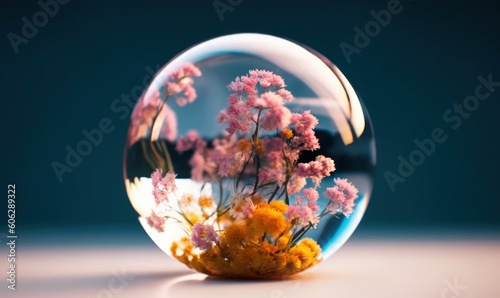 Serenity of Blooming Nature: Delicate Petals in a Crystal Sphere. Generative AI