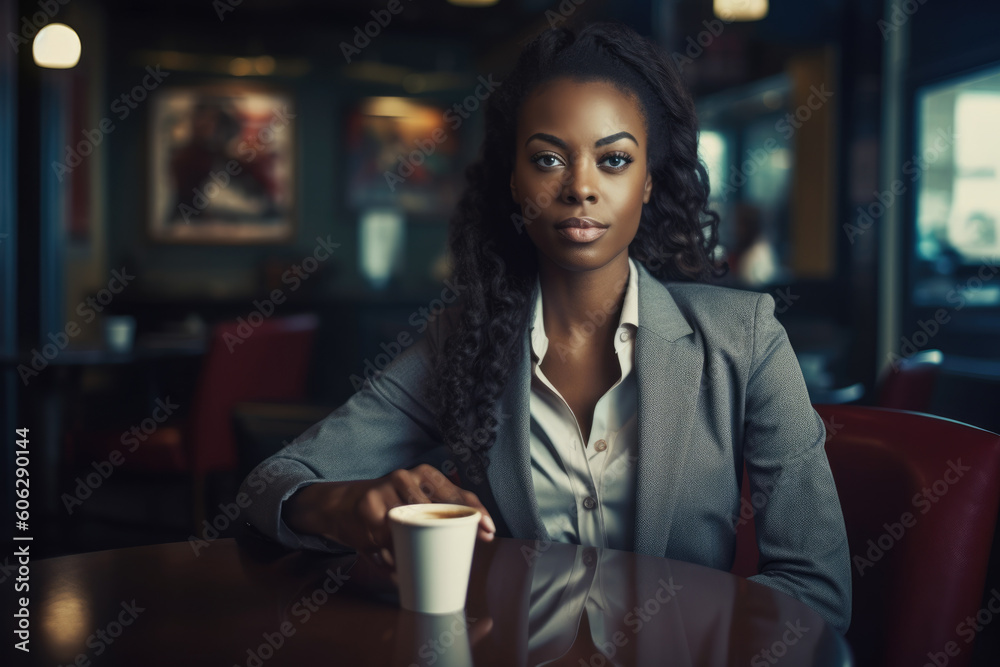 Bllack woman in a business suit standing in a confident pose. Woman's rights equality success of African-American people generative ai