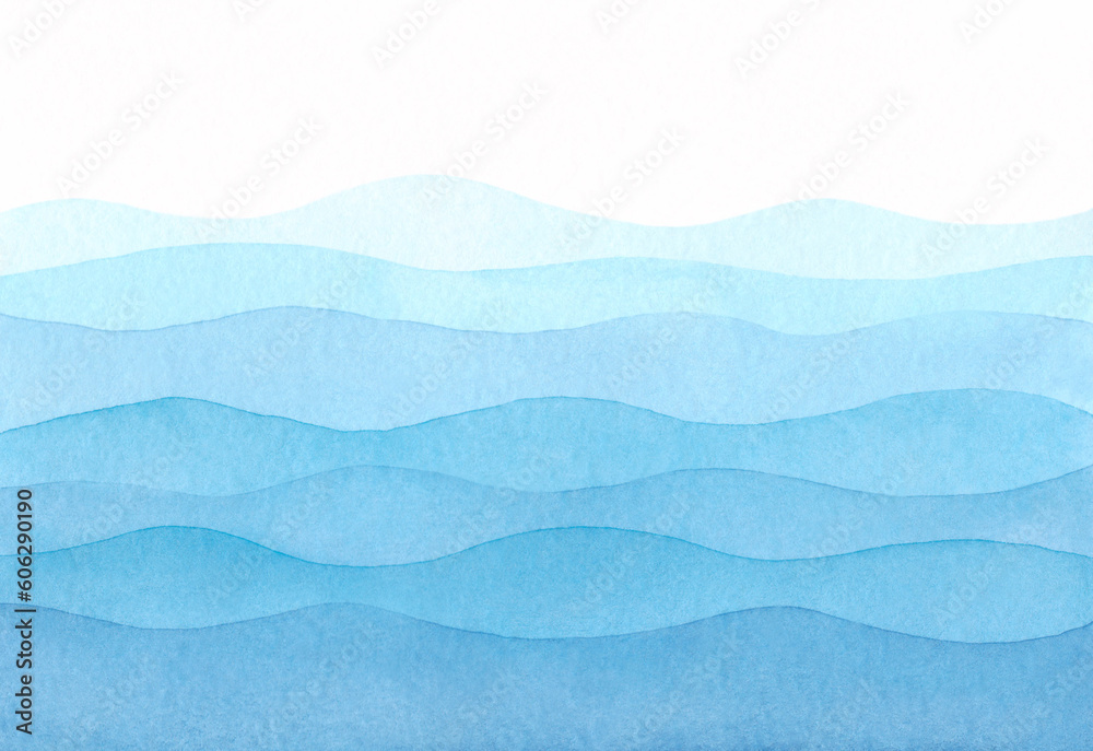 Fototapeta premium Blue, abstract, watercolor background with a panoramic view of the waves of the sea or ocean with a gradient. Drawn by hand. For banner, template, as a design element with place for text.