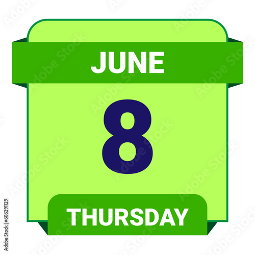 8 June, Thursday. Date template. Useful design for calendar or event promotion. Vector illustration EPS 10 File. Isolated on white background.