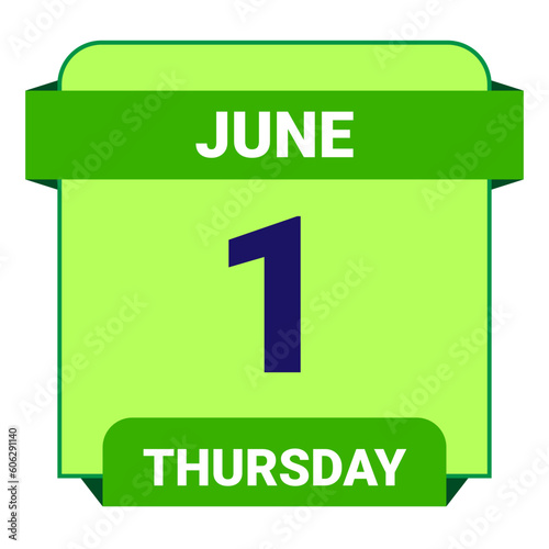 1 June, Thursday. Date template. Useful design for calendar or event promotion. Vector illustration EPS 10 File. Isolated on white background.