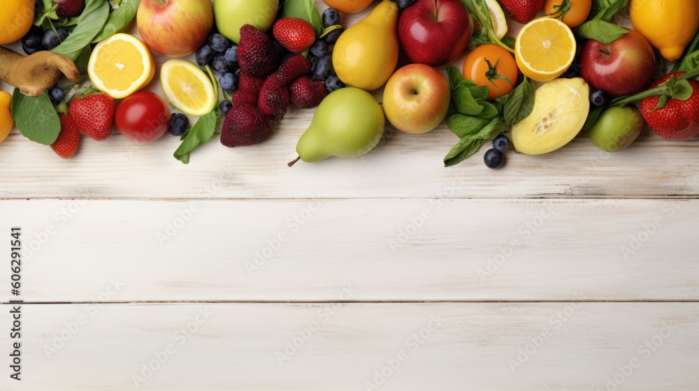 Fruits and vegetables on white wooden background. Healthy food concept with copy-space. Top view. AI generative image. Fruits and vegetables on white wooden background. Healthy food concept with copy-space. Top view. AI generative image.