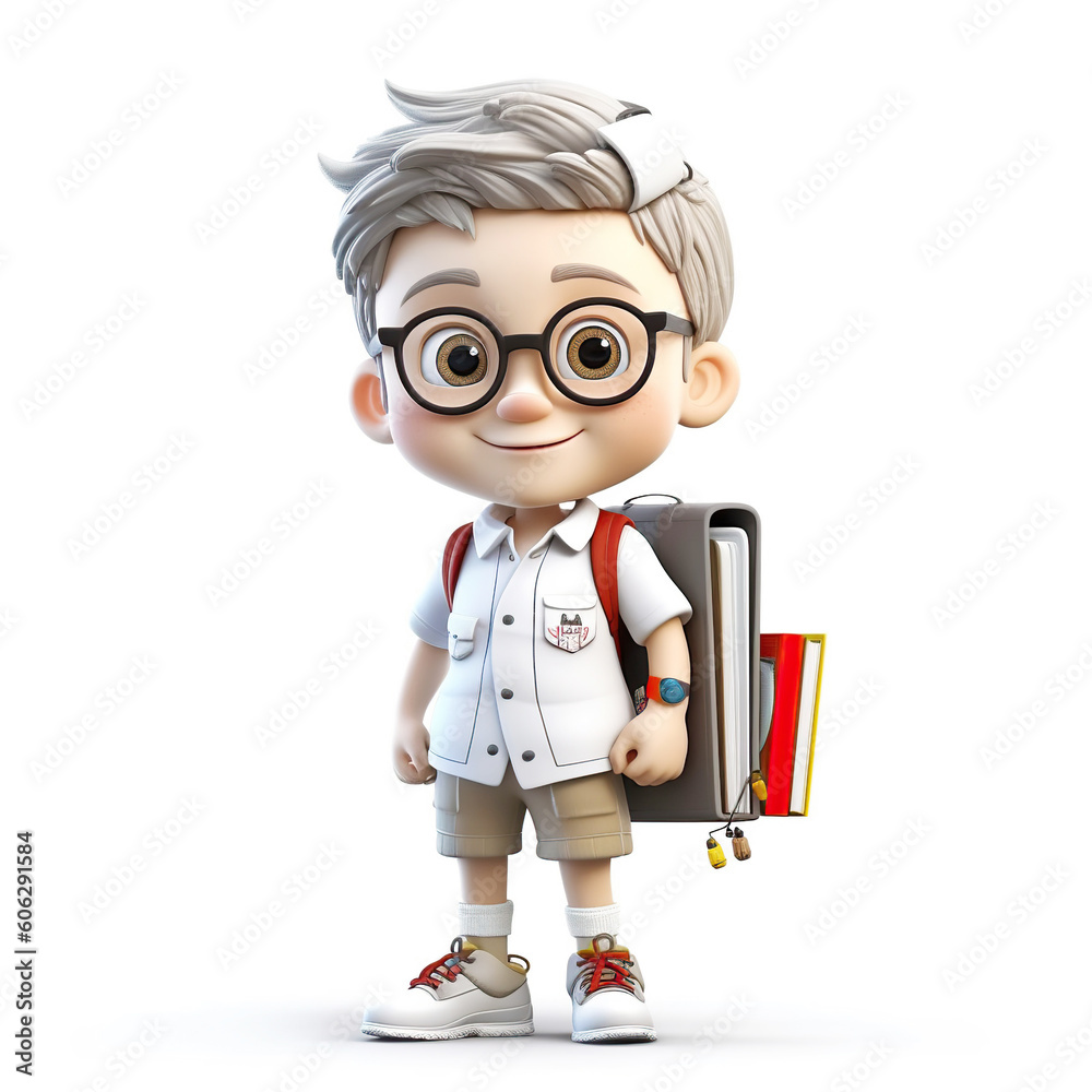 cartoon character schoolboy with backpack on white background, boy smiling back to school 3d style. Generative AI cartoon character schoolboy with backpack on white background, boy smiling back to school 3d style. Generative AI