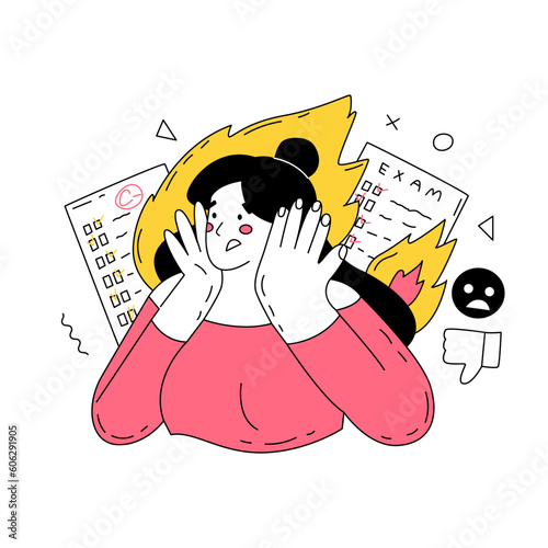 The concept of stress due to study. The girl surrounded by a flame of fire, and examination lists. Frustration from poor academic performance. Vector illustration isolated on white background.