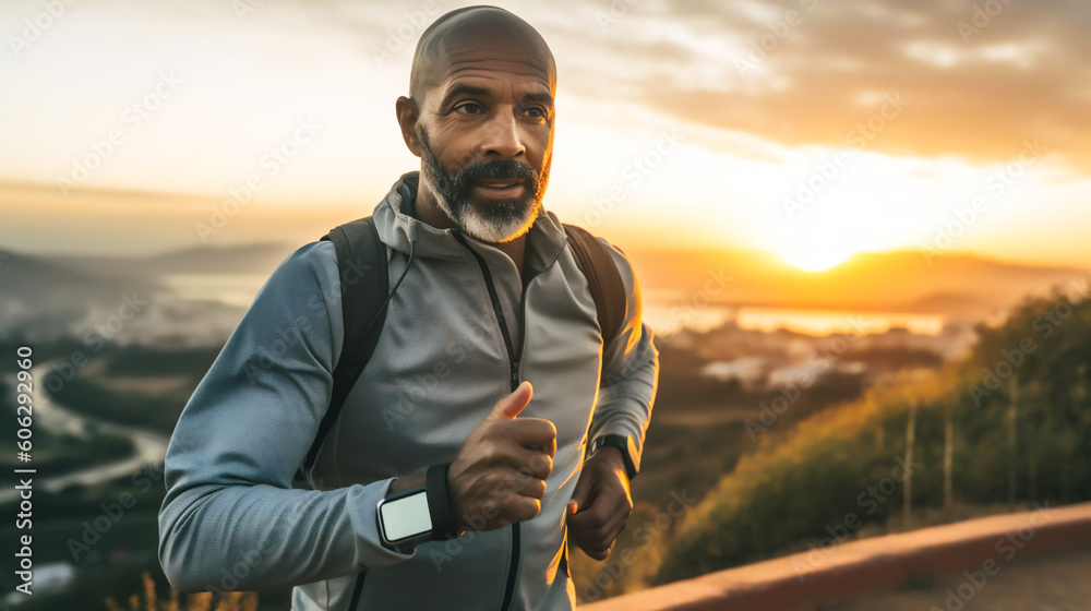 a middle-aged man in activewear, jogging on a park path with a beautiful sunset in the background Generative AI a middle-aged man in activewear, jogging on a park path with a beautiful sunset in the background Generative AI
