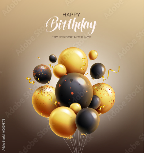Birthday balloons vector design. Happy birthday text with bunch balloon for party and celebrations elements. Vector illustration greeting card background.