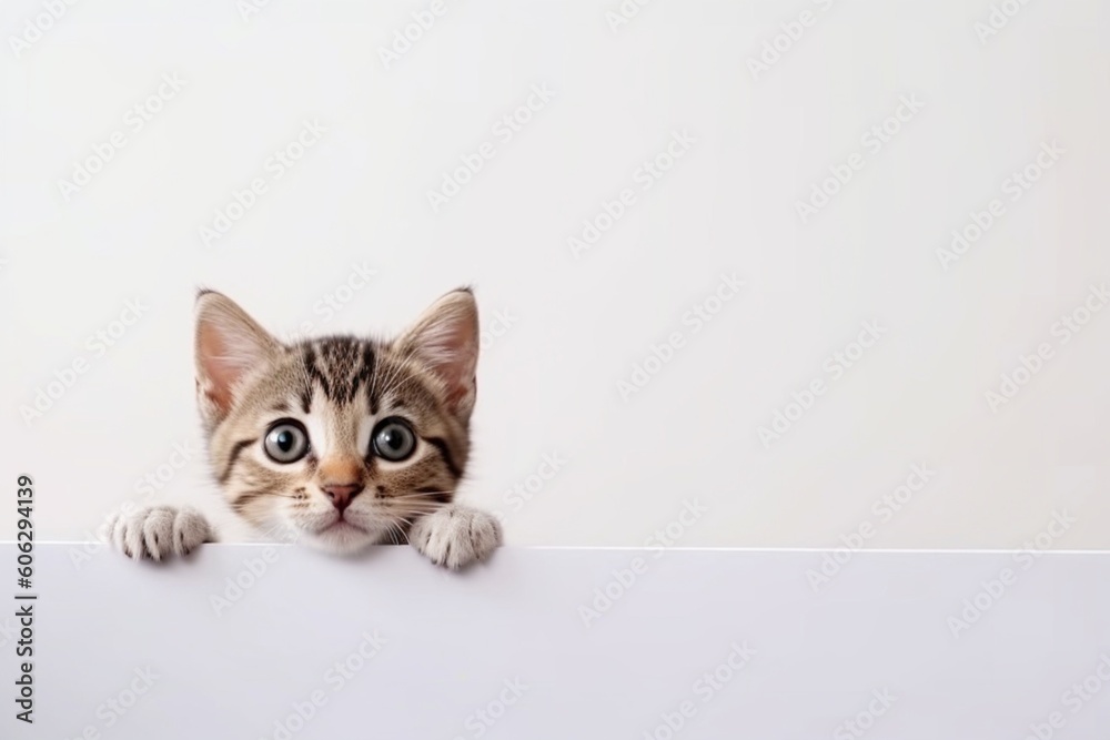 Kitten head with paws up peeking over blank white sign placard, Pet kitten curiously peeking behind white background, Tabby baby cat showing placard template,Long web banner with copy space