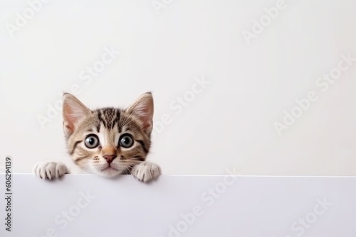 Kitten head with paws up peeking over blank white sign placard, Pet kitten curiously peeking behind white background, Tabby baby cat showing placard template,Long web banner with copy space © alisaaa