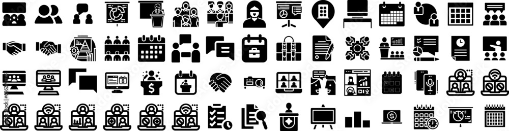 Set Of Meeting Icons Isolated Silhouette Solid Icon With Corporate, Office, People, Group, Meeting, Discussion, Business Infographic Simple Vector Illustration Logo