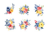 Set of floral branch. Flower red blue and lemon rose, green and blue leaves. Wedding concept with flowers. Floral poster, invite. Vector arrangements for greeting card or invitation design