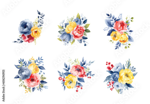 Set of floral branch. Flower red blue and lemon rose, green and blue leaves. Wedding concept with flowers. Floral poster, invite. Vector arrangements for greeting card or invitation design © Mashaki