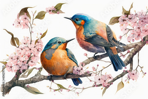 two birds in flowers garden on background © Tidarat