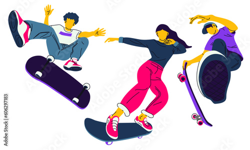 A set of boys and girls for skateboarding. Teenagers ride a longboard, jump and perform tricks. The free lifestyle of a figure skater. Urban skateboard sports. Vector illustration of cartoon people