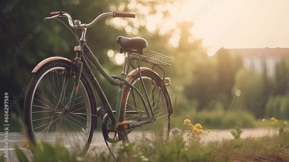 beautiful landscape image with Bicycle at park. Generative Ai.