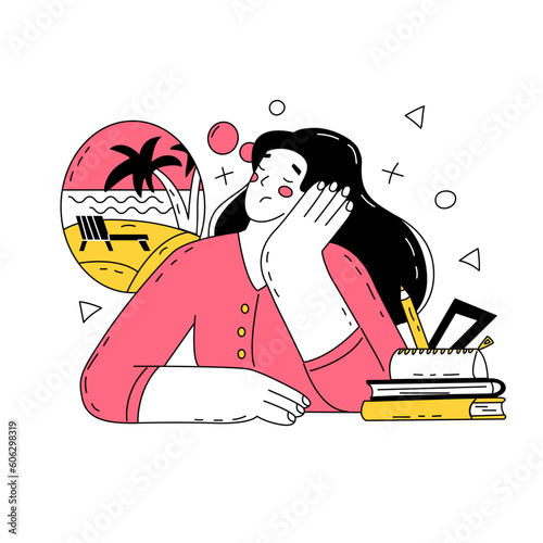 The girl dreams of a vacation at sea during lectures. Study overload, boring lectures, difficult subjects. Vector illustration isolated on white background.