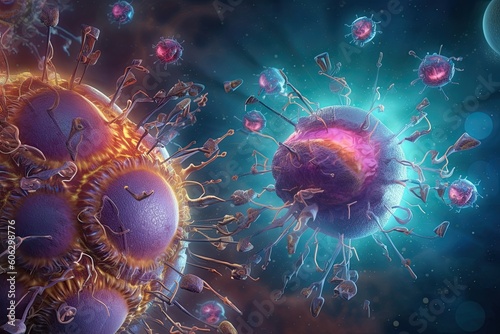 3D view of cells and viruses under a microscope. The idea of nanotechnologies and immunotherapy. AI-generated Generative AI