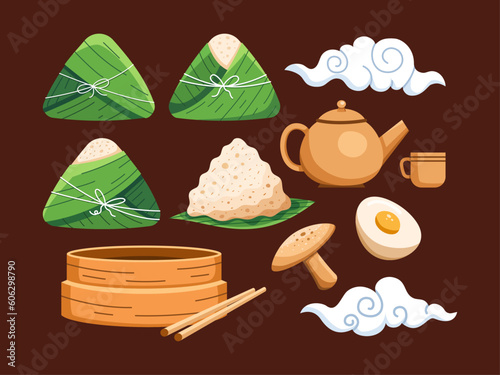 Set of vector illustration of zongzi a traditional Chinese delicacy wrapped in bamboo leaves. with teapot, egg, mushrooms, Chinese clouds.
Chinese traditional food wrapped rice. photo