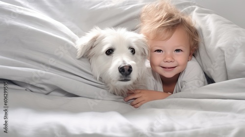 Cute baby with dog on bed at home. AI generative image.