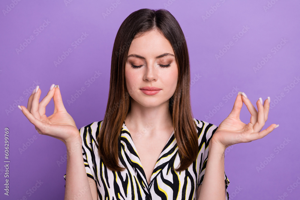 Portrait of calm lovely lady closed eyes hands fingers meditate isolated on purple color background