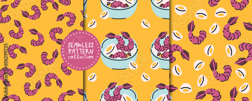 Seamless vector pattern set with shrimp and eggs in a simple style. Food of Asia. Backgrounds, prints, designs