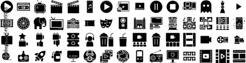 Set Of Entertainment Icons Isolated Silhouette Solid Icon With Video, Icon, Theater, Entertainment, Cinema, Illustration, Music Infographic Simple Vector Illustration Logo