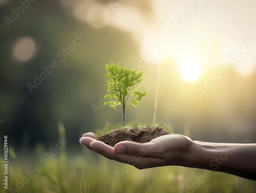 Plants and soil on hands forest conservation background