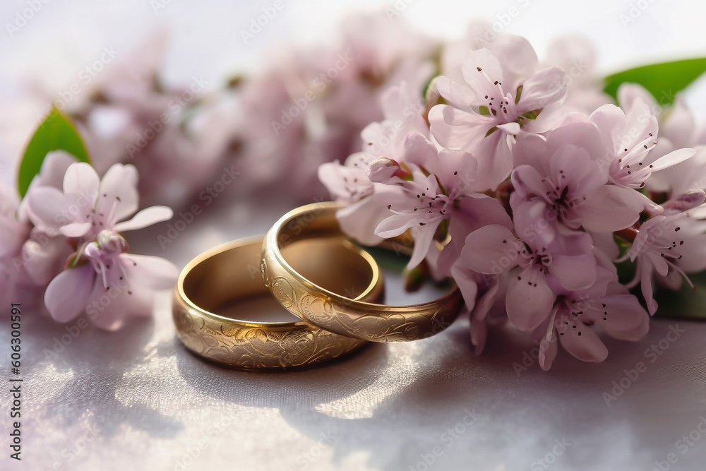 luxury couple of gold wedding rings and flowers background Generative AI luxury couple of gold wedding rings and flowers background Generative AI