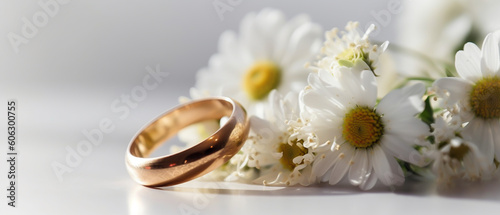 luxury couple of gold wedding rings and flowers background Generative AI