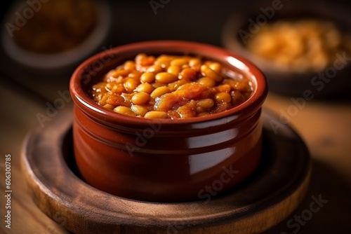 Delicious Baked Beans on a Wooden Table Created with generative AI tools